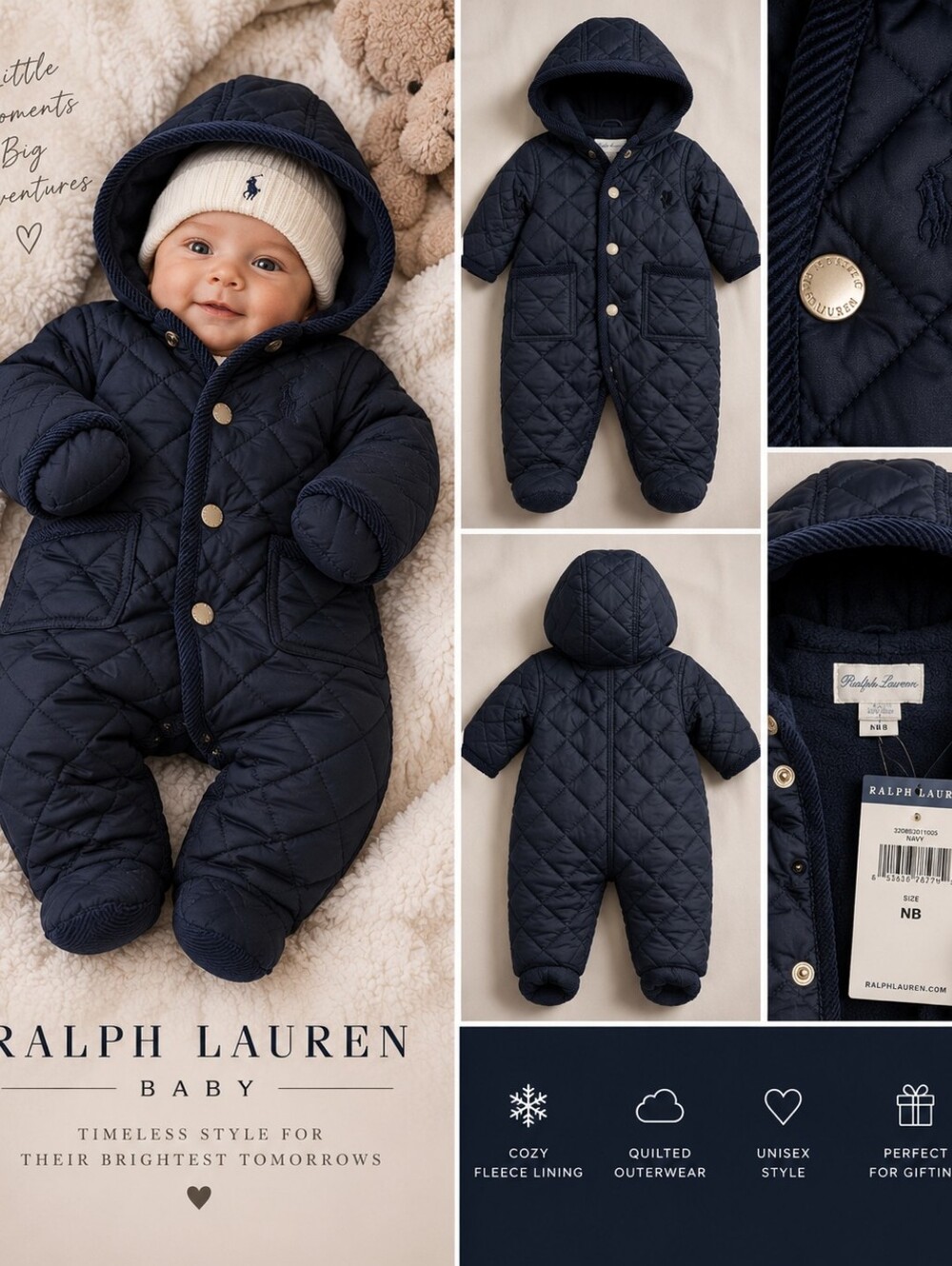 NWT Ralph Lauren Baby Navy Quilted Snowsuit + Bear Ear Hat Newborn